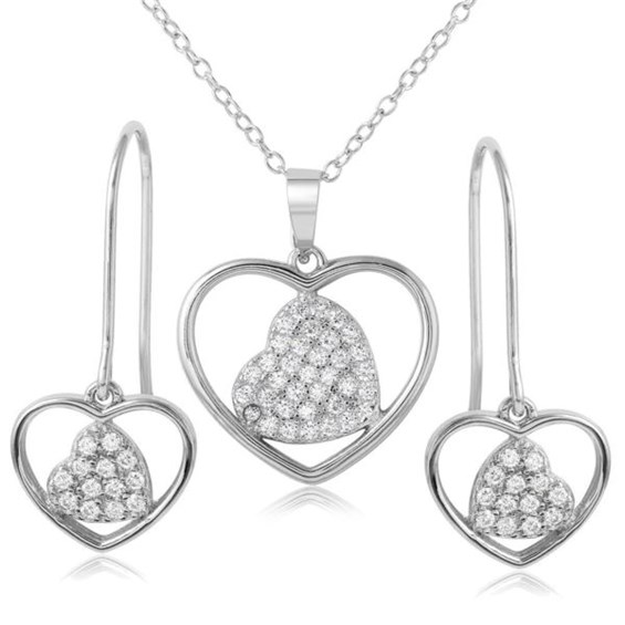 Parikhs Rhodium Plated Double Heart Cz Necklace Earring Set In 925